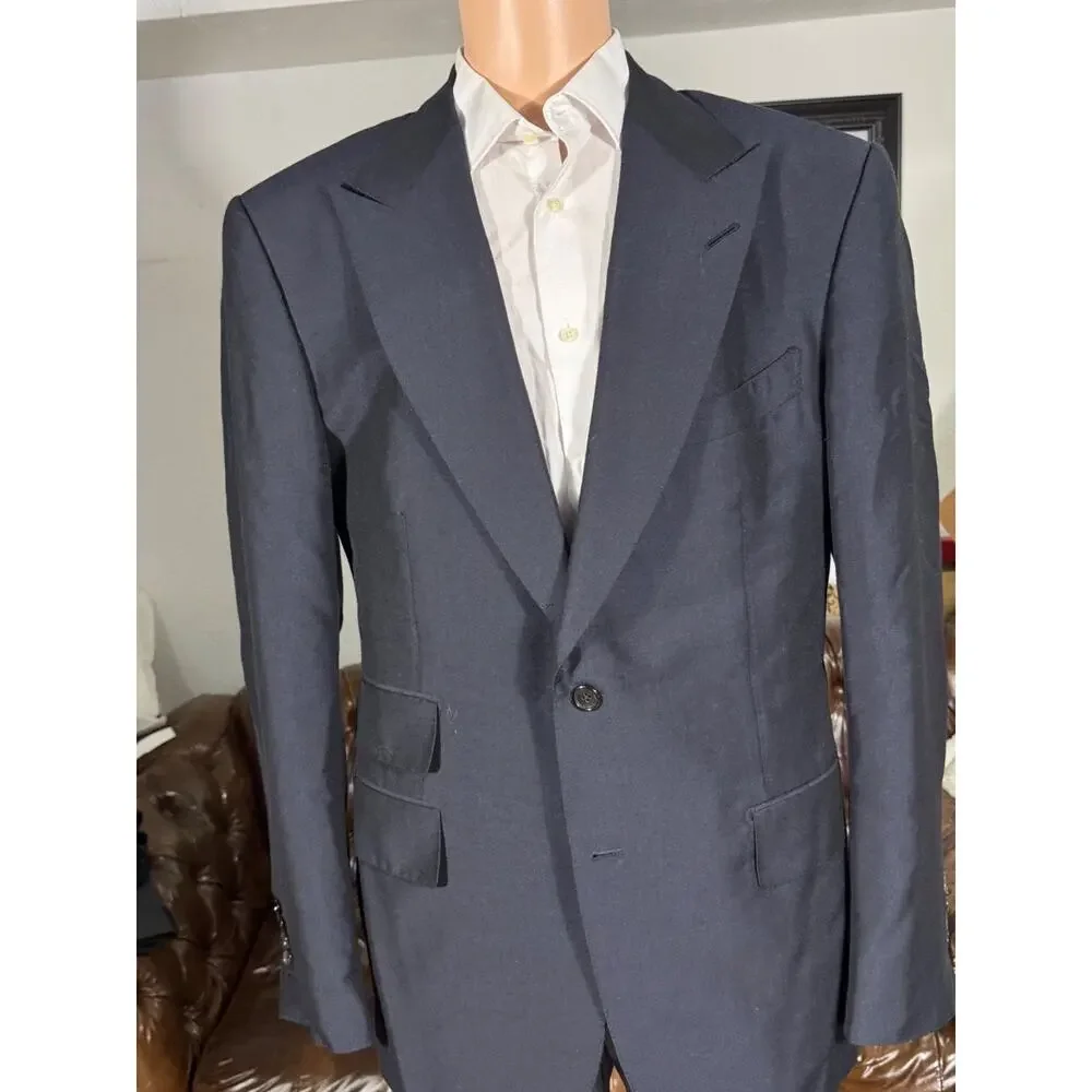 Tom Ford Navy Cashmere Mohair Peak Lapel 2 Piece Suit 56LEU 46L US 37x33 Trouser